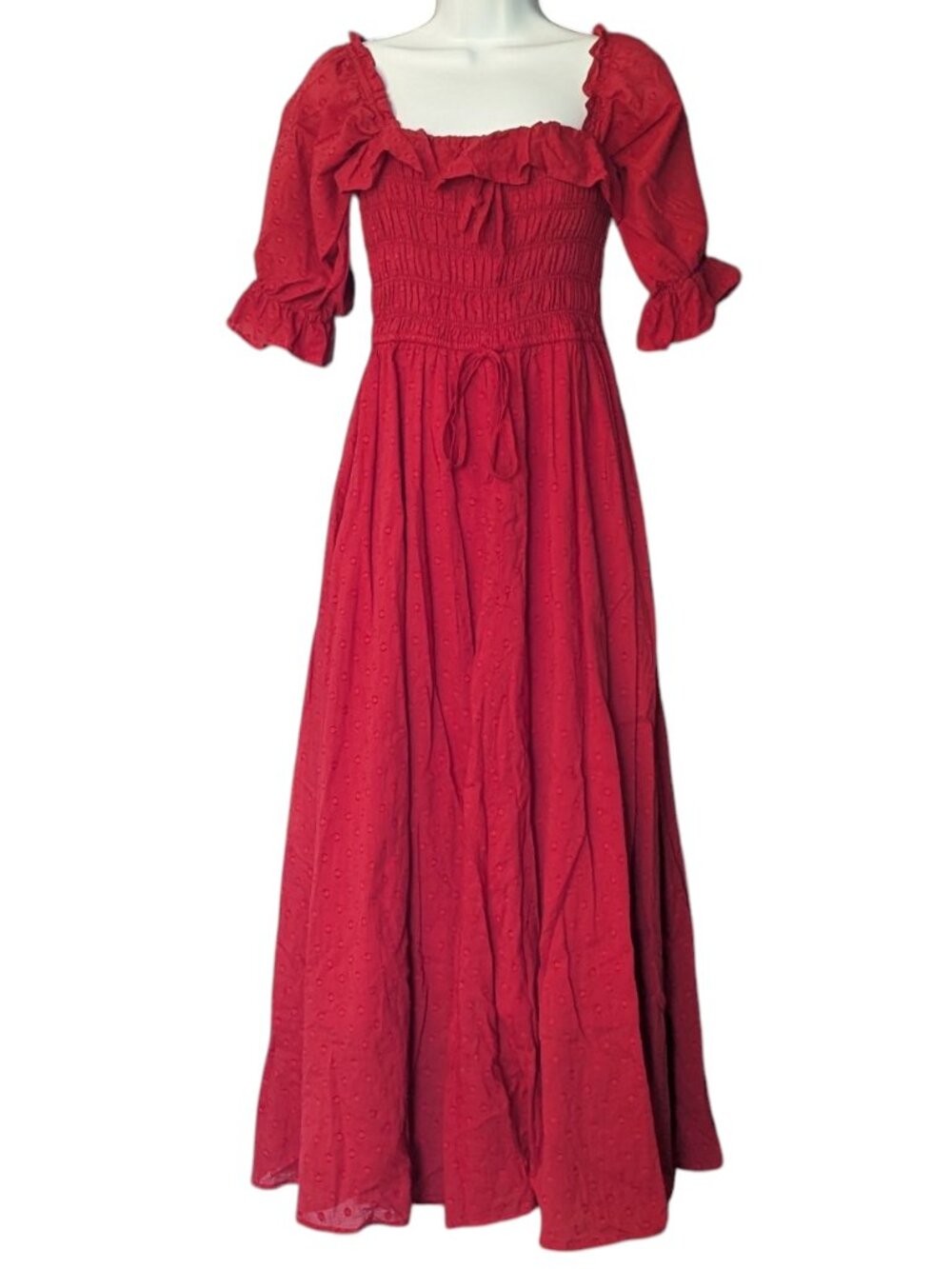 R.Vivimos Burgundy Cotton Midi Dress Small 4/6 Puff Sleeve Cottagecore Boho